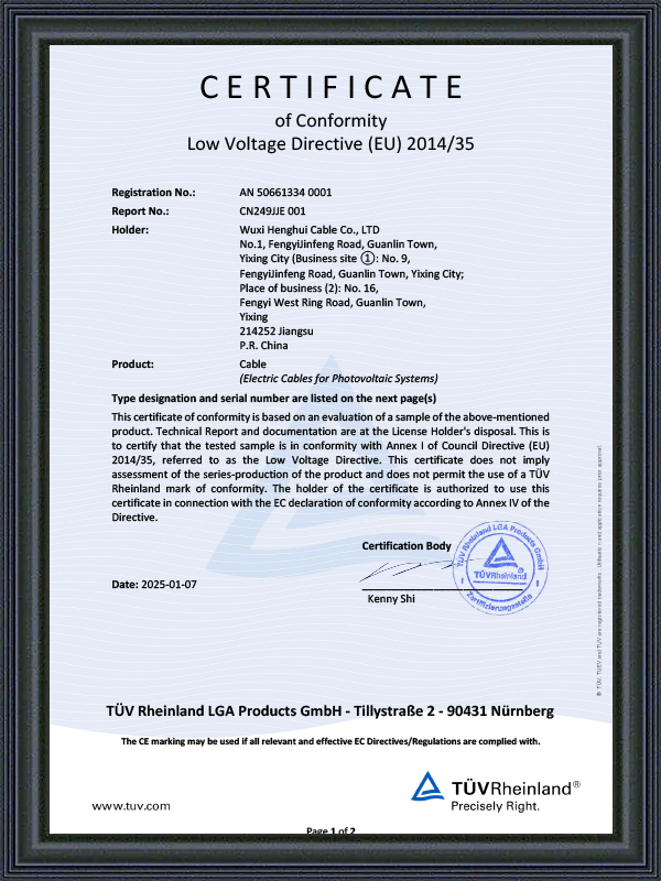 Photovoltaic cable CE Certificate